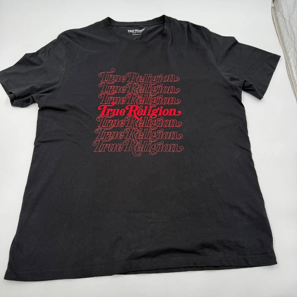 True Religion Mens Black Red Stacked Logo Graphic Tee 3XL Short Sleeve Cotton